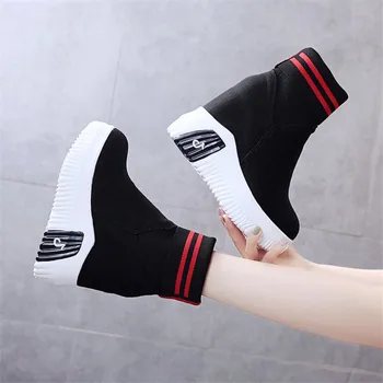 Yeni Kadın Streç Kumaş Çorap Çizmeler Sonbahar Kış Platformu Kama yarım çizmeler 11 CM Yüksekliği Artan Ayakkabı Zapatos Botte Femme