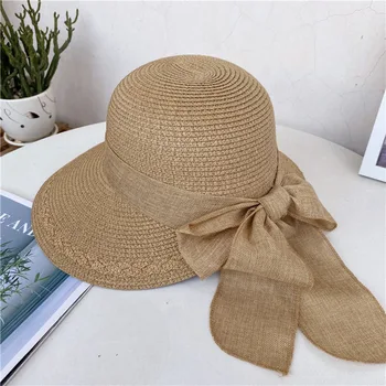 Yeni bahar / yazlık hasır şapka çok yönlü seyahat şerit sunhat bayanlar açık uv güneş şapkası