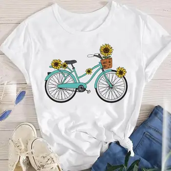 Kadın kıyafetleri Bisiklet Çiçek Tatlı Yeni 90s Moda Bayan Kısa Kollu Baskı Üstleri O-boyun Tees Kadın Yaz Tshirt grafikli tişört
