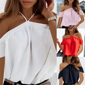 Kadınlar 2021 Yaz Kapalı Omuz Halter Bluz Gömlek Seksi Backless Katı Renk Üstleri Bayanlar Zarif Kısa Kollu Gömlek Blusas 2XL