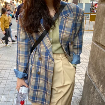 Kadın Ekose Gevşek Casual Blazer Ceketler Ofis Bayan Iş Kore Blazer Takım Elbise Ceket Vintage Zarif Dış Giyim Yeni Moda Giyim