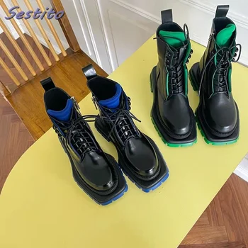 Kare Ayak ayak bileği bağcığı Çizmeler Karışık Renkler Blok Topuk Yan Fermuar Moda Serin Avrupa Tarzı Kadın Ayakkabı Sonbahar Kış 2022