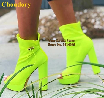 Choudory Kireç Yeşil Sıcak Pembe Streç Likra Kısa Çizmeler Tıknaz Topuklu Platformu yarım çizmeler Dantel-up burnu açık elbise Ayakkabı Pompaları