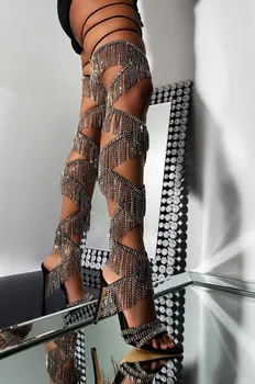 Bling Rhinestone Zincirler Püskül Uyluk Sandalet Çizmeler Çapraz bağlı Saçak Kristal Strappy Kadın Çizmeler Dantel-up Diz Üzerinde Yaz Çizmeler