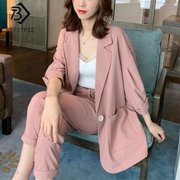 2020 Yaz Kadın Rahat Gevşek Blazer Takım Elbise İki Adet Set Çentikli Kısa Kollu Tek Düğme Elastik Bel Pantolon S05308K