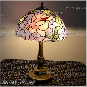 Tiffany Retro Mor Kelebek renk sanat cam masa lambası pastoral yatak odası çalışma odası lamba 12 inç