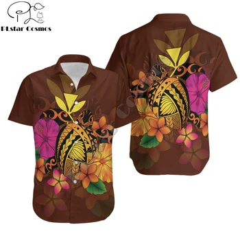 2021 Yaz Kısa kollu Gömlek Polinezya Kaplumbağa Tribal Hibiscus 3D Her Yerinde Baskılı havai gömleği Erkek Rahat Plaj Gömlek