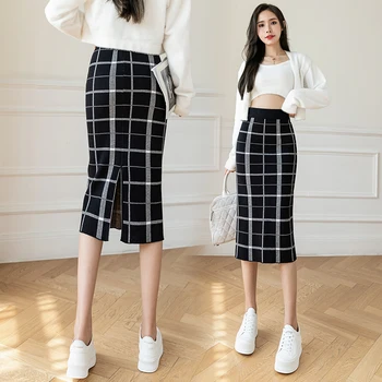 Yeni Kore Moda Bayanlar Uzun Örme Ekose Etek Kadın Yüksek Bel Ince Kazak mini etekler Rahat Kızlar Sevimli Siyah Etek 2