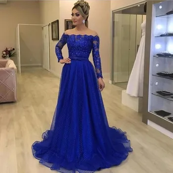 2022 Artı Boyutu Modern Dantel anne Gelin Elbiseler Mavi Aplike Yay Kemer Anne Elbise Kraliyet Uzun Kollu Düğün Parti