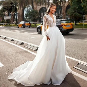 SoDigne Modern Prenses Gelinlikler Bir Çizgi Uzun Kolsuz V Boyun Gelin Elbise Organze Illusion düğün elbisesi Artı Boyutu