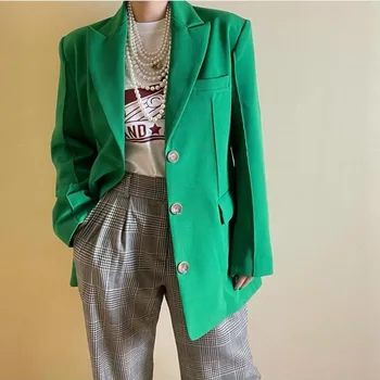 HziriP 2021 Yeni Tek Göğüslü Katı Blazer Şeker Renk Vintage Ceket Moda Çentikli Uzun Kollu Giyim Takım Elbise Ceket Tops