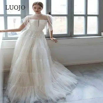 LUOJO Boho düğün elbisesi A-line Prenses O-Boyun FoldsTea uzunlukta Backless gelin kıyafeti Kadınlar Için Özel Yapılmış Vestidos De Novia