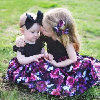 2022 Yürüyor Çocuk Bebek Kız Kardeş Eşleşen çiçekli tulum Prenses Kafa Romper Elbise Kıyafetler Set 0-7Y Çocuk Giyim Seti