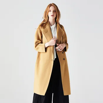 uzun yün karışımları kaşmir palto kadınlar için 2019 sonbahar kış rahat bayanlar ceketler artı boyutu açık sarı ofis çift taraflı