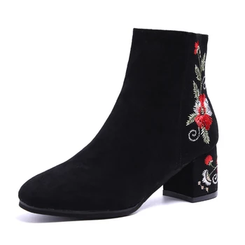 Çizmeler Kadın Oyalamak Yüksek ayak Bileği ayakkabı Çizmeler Siyah Akın Yuvarlak Ayak Fermuar Kırmızı Beyaz çiçekli ayakkabı Bayanlar Kısa Çizme Topuklu 6 cm