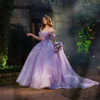 Leylak Prenses Balo Quinceanera Elbiseler 2023 Kapalı Omuz Çiçekler Aplikler Kristal Vestido De 15 Años Gelinlikler Korse