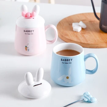 Kawaii 3D Tavşan Seramik Kahve kapaklı kupa Yay Kaşık Karikatür Porselen Içme Fincan Kahve Süt çay bardağı
