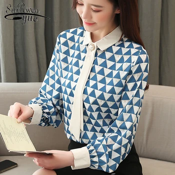 Kore moda giyim Ekose Gömlek Ofis Bayan Uzun Kollu Şifon Bluzlar Blusas Mujer De Moda 2020 Camisas Mujer 8090 50