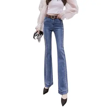 İlkbahar sonbahar kadın kot yüksek belli elastik alevlendi pantolon streç sıska şerit