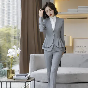 Kadın İş Resmi Pantolon Takım Elbise Kadın Ofis Giyim Fırfır Blazer Seti Moda Gri 2 İki Parçalı Ceket ve Pantolon Takım Elbise