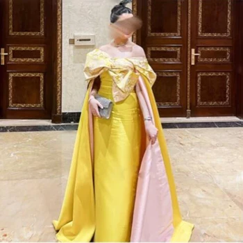 Suudi Arabistan Sarı Kapalı Omuz Abiye giyim Dubai Pelerin Tarzı Saten Bir Çizgi balo kıyafetleri Kadın Parti Elbise Robe De Soiree