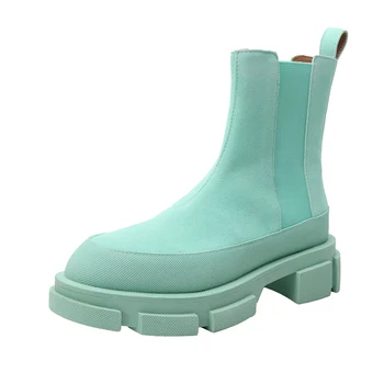 2022 Sıcak satış kadın yeşil buzlu kadife çizmeler platformu med düz topuk Yuvarlak ayak elastik bant yarım çizmeler modern çizmeler