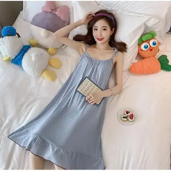 Mavi Katı Spagetti Kayışı Pijama Kadın Kolsuz Gecelik Yaz Yeni Uyku Elbise Kadın Gecelik Rahat Ev Elbise