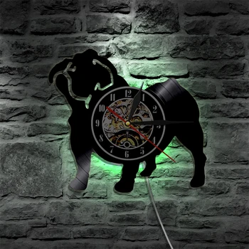  Fransız Bulldog Pet hayvanlar Led vinil saat duvar ışık renk değişimi Vintage LP el yapımı sanat dekoru lambası uzaktan kumanda