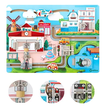 Çocuklar Ahşap Un-Kilit oyuncak seti Şehir Seyahat Araç Sahne Labirent Kilidini çocuklar oyunları Montessori Eğitim Öğrenme Hediye