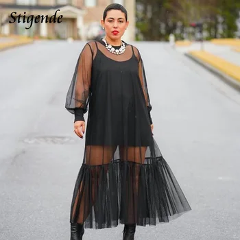 Stigende Uzun Kollu Örgü Cover Up Elbise Kadınlar Seksi Kulübü Parti Elbise Şeffaf Siyah Patchwork İki Parçalı Elbise