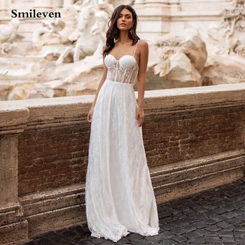 Smileven Tam Dantel Boho düğün elbisesi Spagetti Sapanlar Sevgiliye Boyun Düğün gelinlikler Custom Made