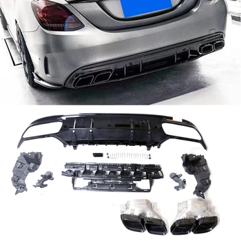 Mercedes-Benz için W205 C Sınıfı AMG Sedan 4 Kapı 2015-2021 için C63 Stil Arka Tampon Difüzör Spoiler Dudak + Siyah Egzoz Susturucu Boru