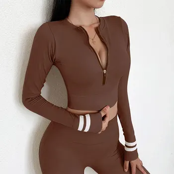 Kadın Bodycon Spor Takım Elbise 2 Parça Setleri Fermuar Çizgili Uzun Kollu Kırpma Üst Dikişsiz Yüksek Geniş Bel Koşu Tayt Kıyafetler
