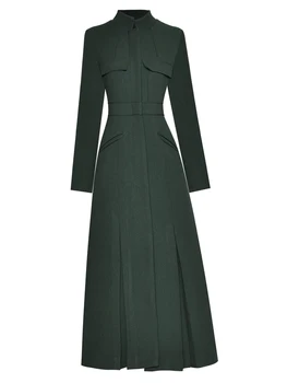 Yeni 2022 Bahar Uzun Ceket Siper Yüksek Kaliteli Kadın Kapalı Düğme Cep Patchwork Uzun Kollu Casual Ordu Yeşil Ceket Dış Giyim