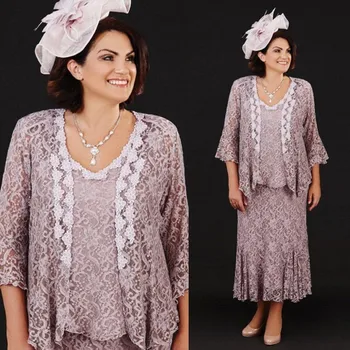Artı boyutu Dantel Anne Gelin Elbise Takım Elbise Vintage Kadınlar Örgün Düğün Konuk Elbiseler 3 Adet Anneler Törenlerinde Vestidos