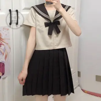Okul Kız Üniforma Japon Sınıf Donanma Denizci Okul Üniformaları Öğrenciler Kızlar İçin Giysi Anime Cos Denizci Donanma Takım Elbise Bej S / 3XL