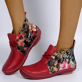 Kadınlar Çiçek Baskılı kısa çizmeler Patchwork yarım çizmeler 2021 Bayanlar Çekici Bahar Ayakkabı Kadın Dantel-Up Yuvarlak Topuk düz ayakkabı