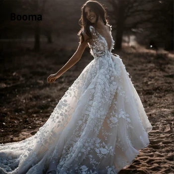 Bohemian düğün elbisesi Kap Kollu Derin V Boyun 3d Çiçek Aplikler gelinlikler Artı Boyutu Backless Prenses Vestido De Noiva