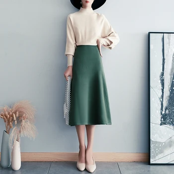 2021 Yeni Sonbahar Kış Toplulukları Femme Casual Kazak Kazak Tops + Koyu Yeşil A-Line Etek İki Parçalı Setleri Bayan Kıyafetler s1254