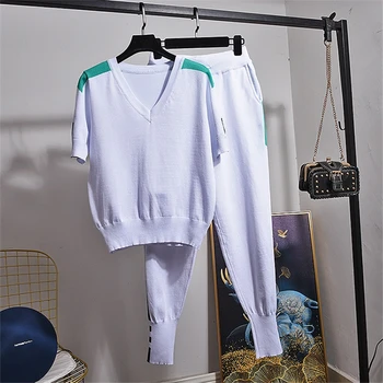 Yaz Pamuk İki Parçalı Set Kadın kıyafetleri Üstleri Kore moda giyim kısa kollu tişört + rahat pantolon Bayanlar Setleri Gelgit H205