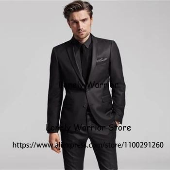 Klasik Siyah Takım Elbise Erkekler Slim Fit Çentikli Yaka Resmi Iş Blazer Düğün Damat Smokin Kostüm Homme 2 Parça Set Ceket Pantolon