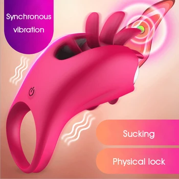 Rotasyon Oral Dil Yalama Vibratör Vajina Klitoris Teşvik Seks çiftler için oyuncaklar Flört Penis Vibratör Yüzük