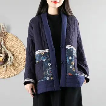 2 renkler Çin Tarzı Retro Pamuk Ceket Kadın Rahat Hanfu Baskı Üstleri Kung Fu Qipao kışlık ceketler Hırka Giyim