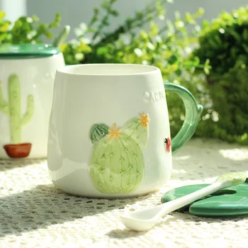 470 ml Çin çay bardağı Yaratıcı 3D Karikatür İskandinav Yaratıcı Bitki Kaktüs Seramik kapaklı kupa Kaşık Kahve Fincanı Güzel Su Bardağı
