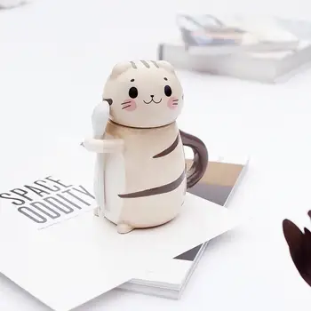 Karikatür Kedi Hayvan El-boyalı Seramik Fincan Süt Kahve Fincanı Hediye Seramik Kupa kapaklı