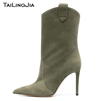 Orta Buzağı Çizmeler Kadınlar için 2020 Stiletto Yüksek Topuk Patik Sivri Burun Yeşil Faux Süet Slip-On Kısa Çizme Büyük Boy Ayakkabı