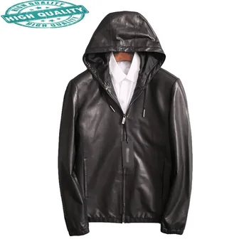 Ceket Hakiki Erkek Giyim Sonbahar Siyah erkek Deri Ceketler Kapşonlu Kısa Palto Jaqueta De Couro SQQ322