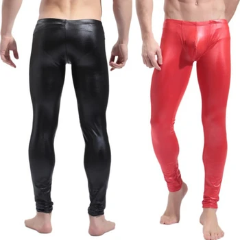 Yüksek Elastik Erkek Siyah Kırmızı Suni Deri Lateks Kalem Tayt Wetlook Esaret Pantolon Eşcinsel Erkek Moda Sıkı Boxer İç Çamaşırı