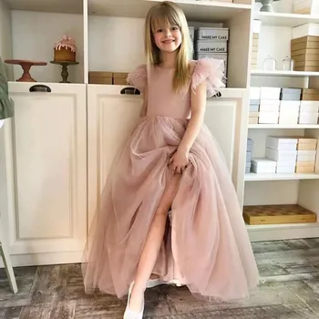 2022 Pembe Çiçek Kız Elbise Prenses Doğum Günü Partisi Elbisesi Kısa kollu Zarif Çocuklar Gelin Elbise İlk Communion Çocuk