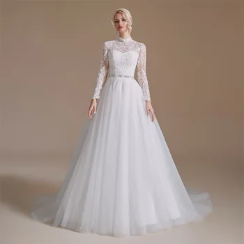 100 % Gerçek Resim Bir Çizgi düğün elbisesi Kristaller Dantel Yüksek Boyun Uzun Kollu Boho Plaj gelinlikler Robe De Mariée Custom Made